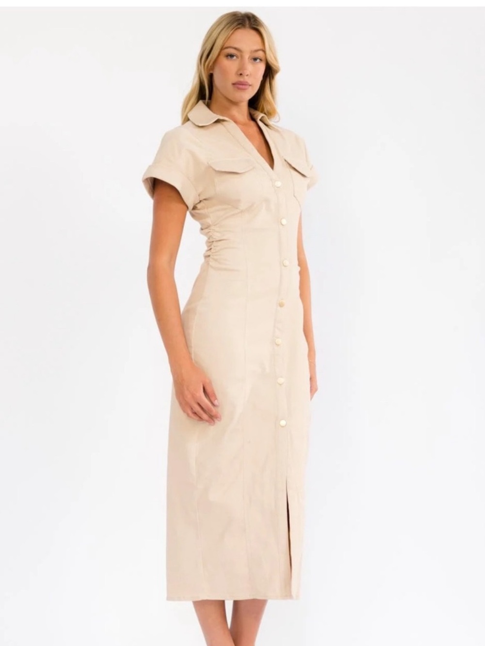 Beige Button-Front Midi Shirt Dress with Short Sleeves
